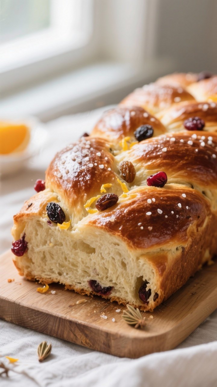 Close-up detail: A freshly baked braided julebread loaf just out of the oven, deep golden-brown crus