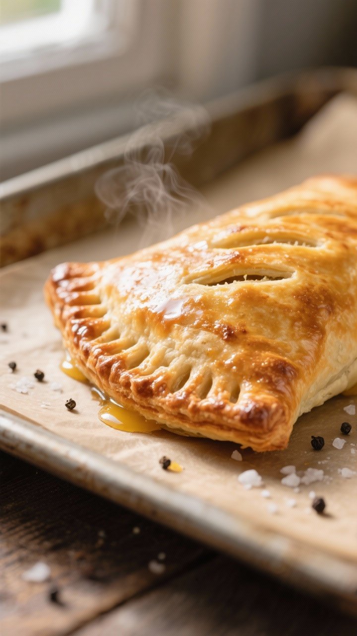 Close-up detail: A freshly baked Cornish pasty just out of the oven, deep golden, crisp shortcrust w