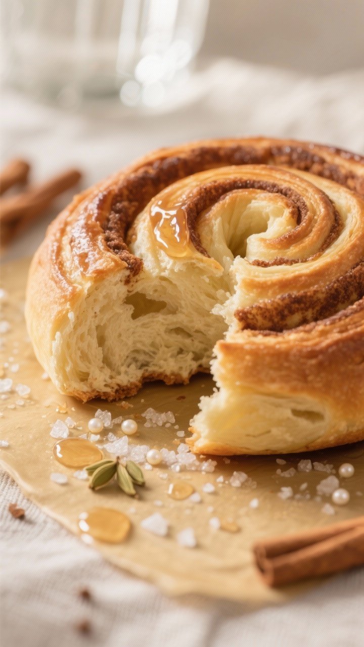 Close-up detail: A freshly baked Swedish kanelbulle (spiral style) torn open to reveal the soft, pil