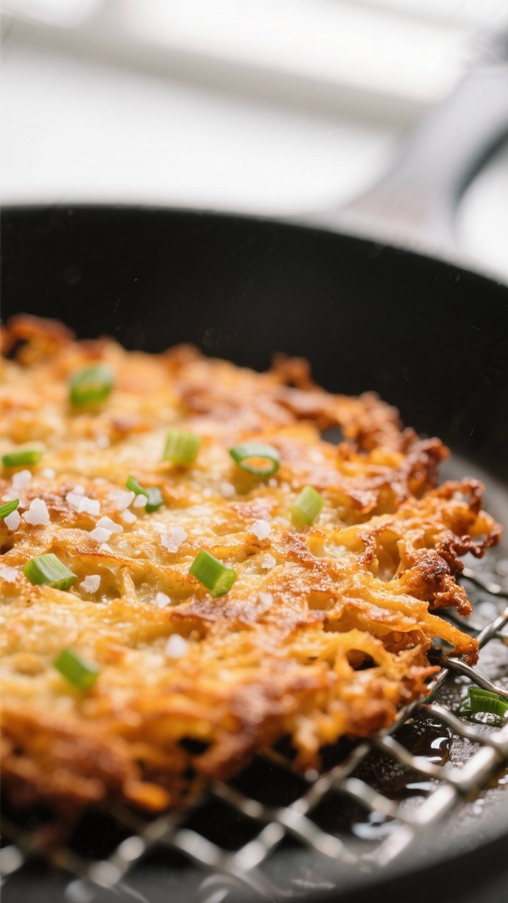 Close-up detail: A golden-brown sweet potato latke just out of the pan, showcasing ultra-crispy, lac