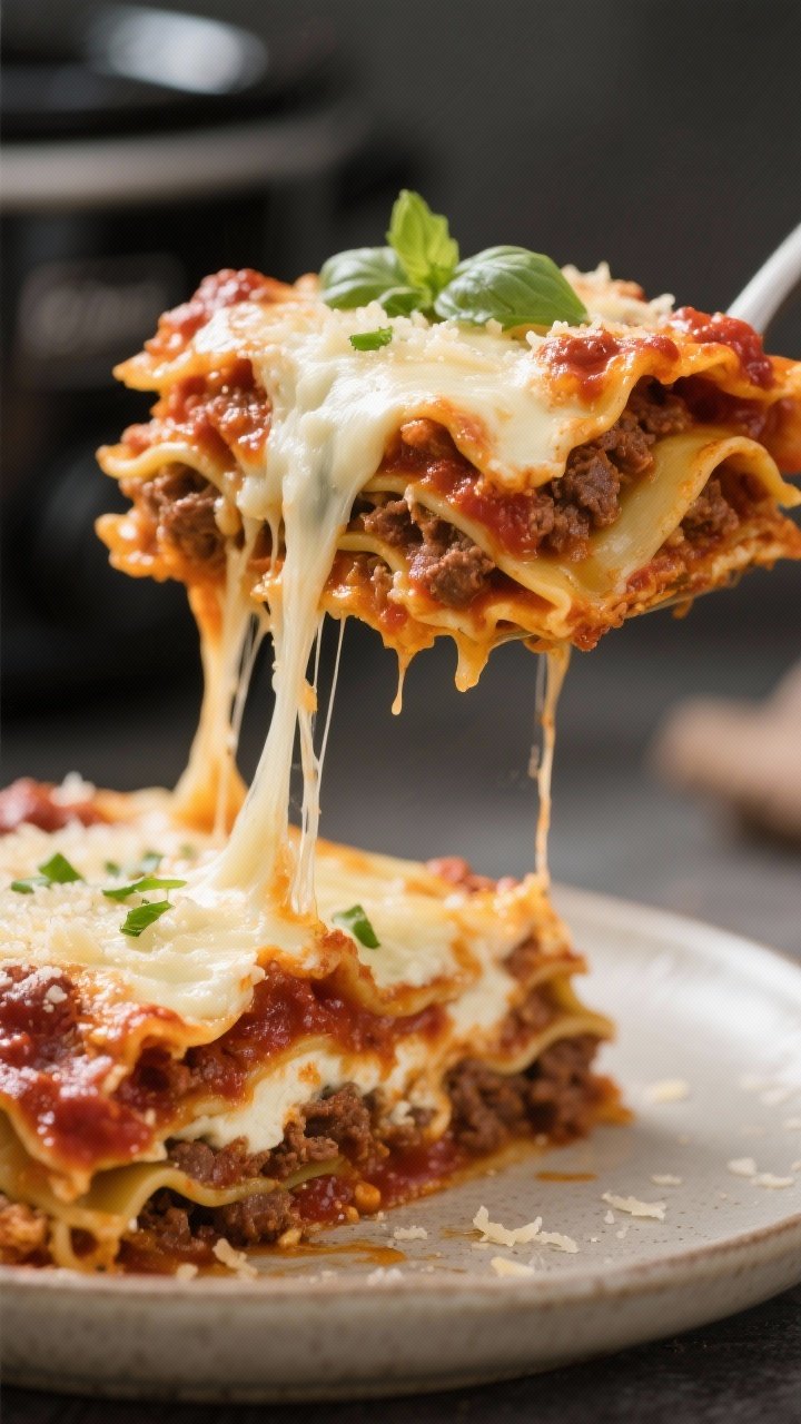 Close-up detail: A gooey slice of crockpot lasagna just lifted from the slow cooker, cheese pulling 