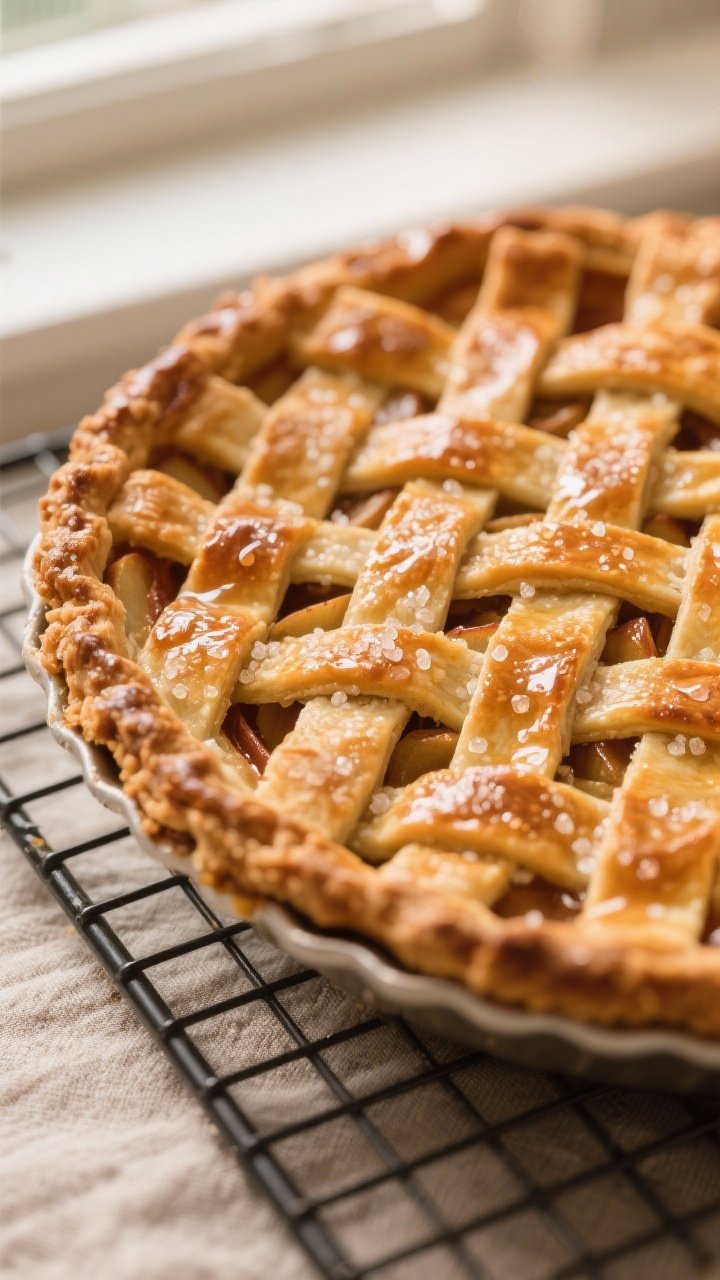 Close-up detail: A just-baked lattice apple pie on a cooling rack, highlighting the deep golden, glo