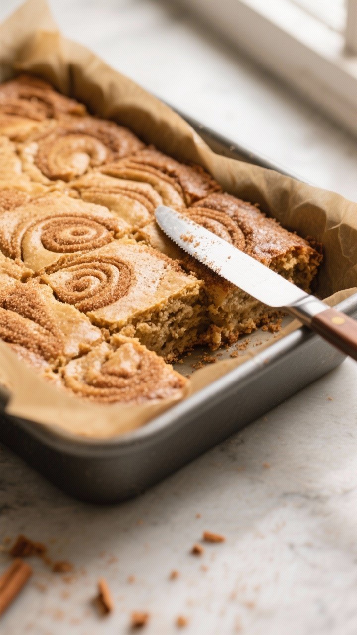 Close-up detail: A just-baked slab of cinnamon sugar blondies in an 8x8-inch parchment-lined pan, ed