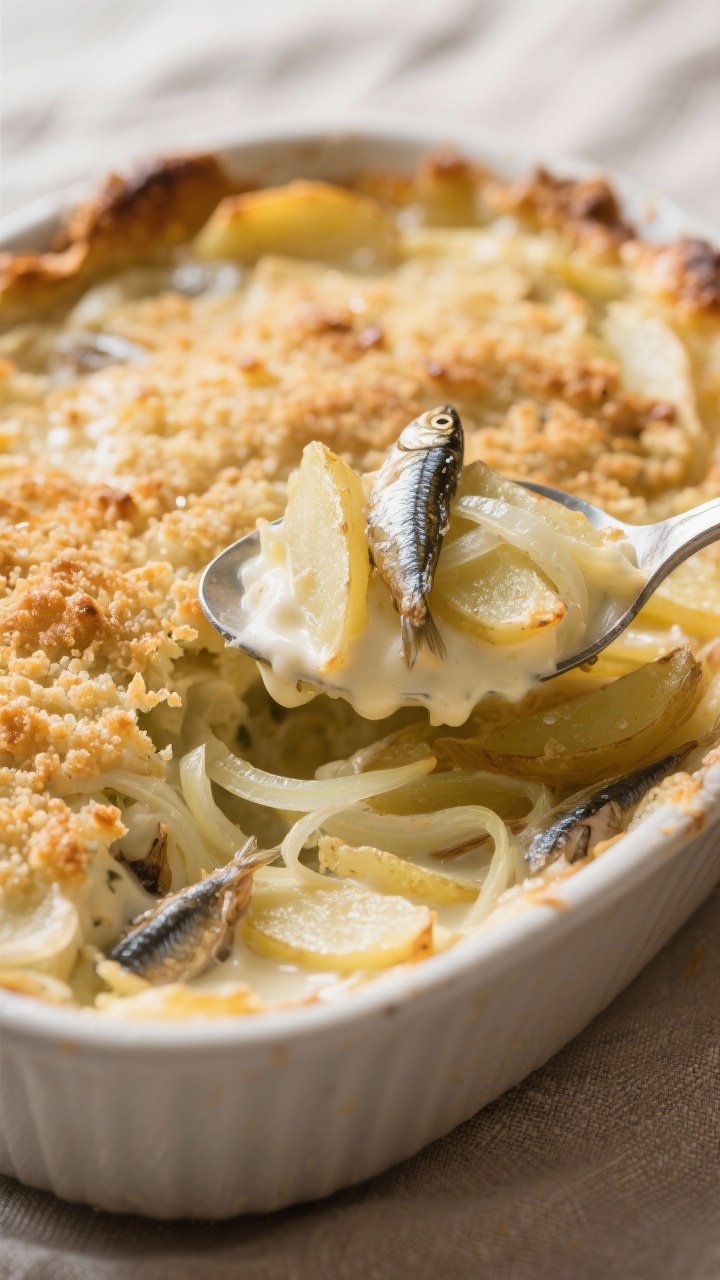 Close-up detail: A spoon scooping into Janssons Temptation just after resting, showing silky, creamy