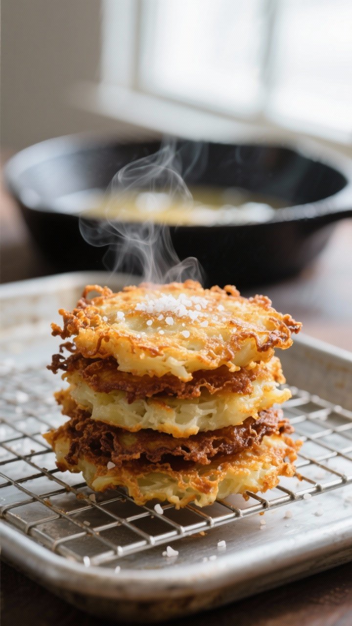 Close-up detail: A stack of freshly fried latkes on a wire rack over a baking sheet, steam rising, u