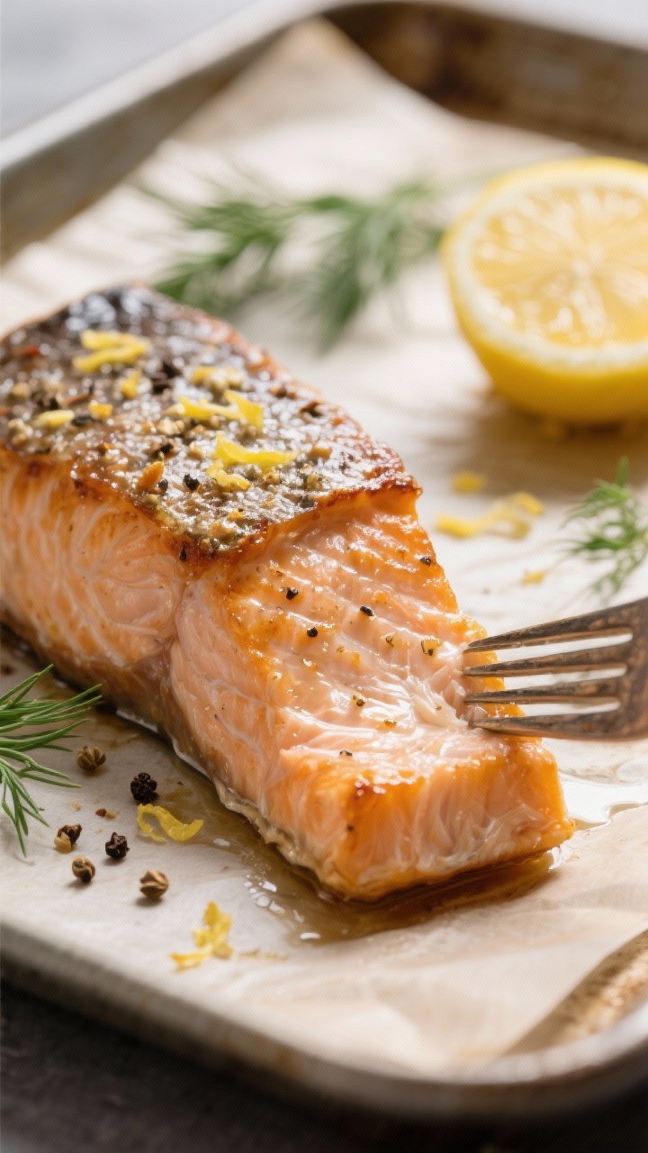 Close-up detail: Juicy baked salmon fillet just out of the oven, skin-on, edges lightly caramelized 