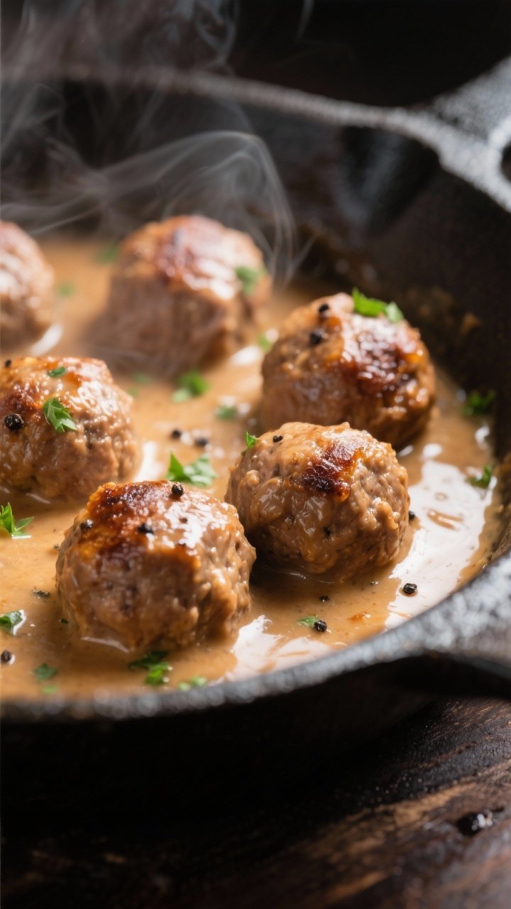 Close-up detail: Juicy Swedish meatballs sizzling in a skillet as they finish simmering in glossy, c