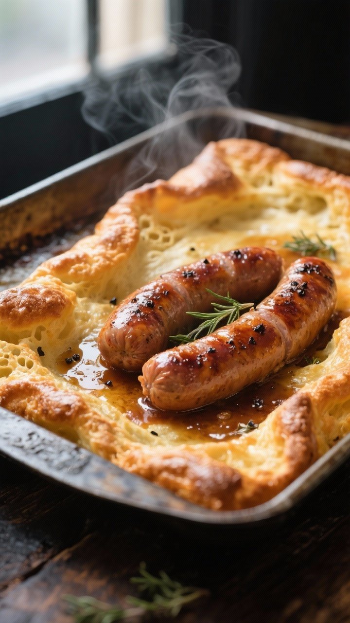 Close-up detail: Sizzling browned pork sausages nestled in a deeply puffed, golden Yorkshire-style b