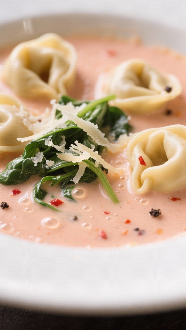 Close-up detail — tortellini in creamy broth: Extreme close-up of cheese tortellini floating in a