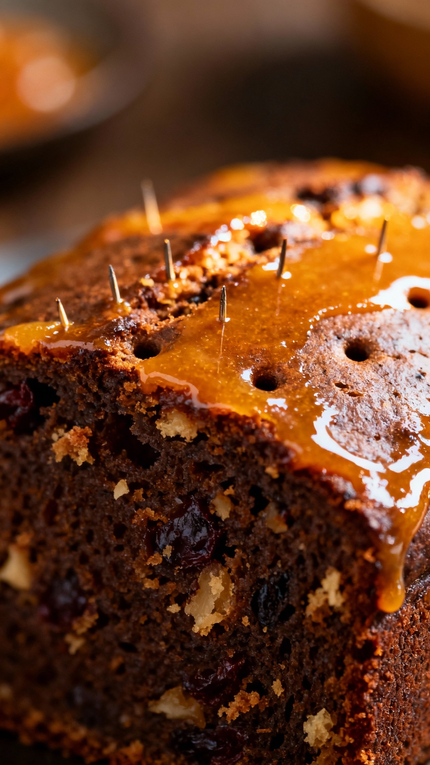 Closeup of apricot glaze brushed on dark baked fruitcake, shiny surface, fine skewer holes visible, 