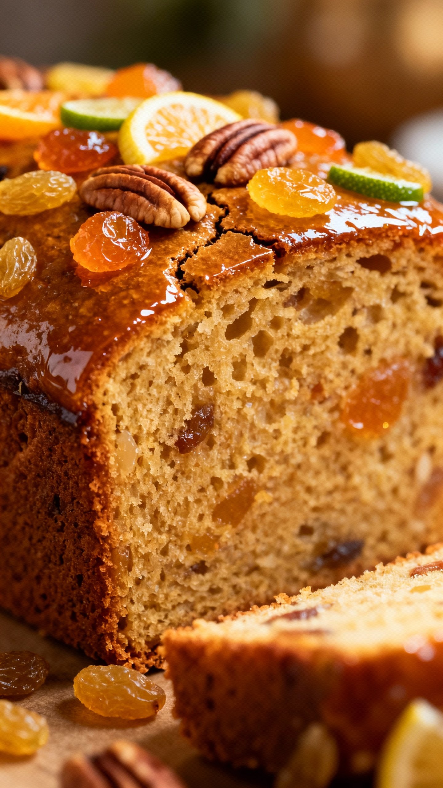 Closeup of glossy fruitcake slice with jewel-like candied citrus, golden raisins, toasted pecans, mo