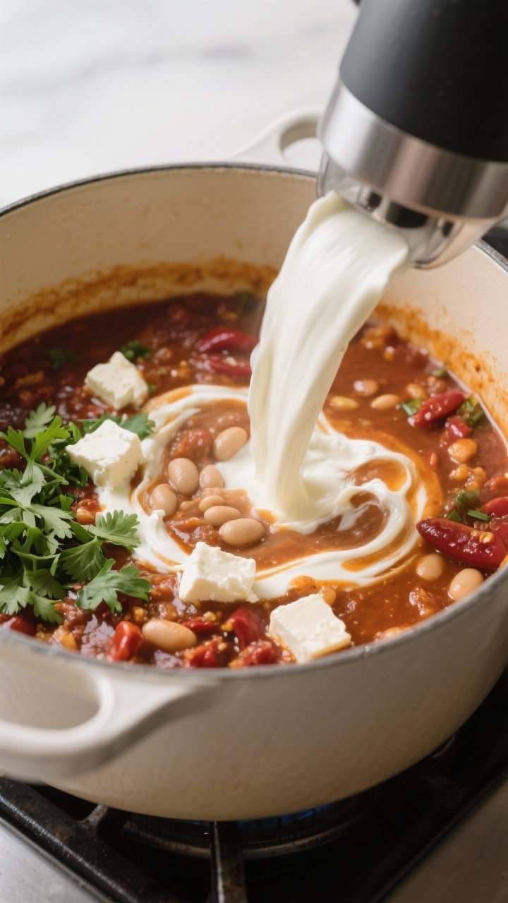 Cooking process: Immersion blender purée being poured back into the pot—smooth white bean blend s