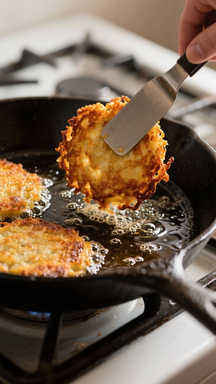 Cooking process: Latke patties sizzling in a heavy cast-iron skillet with 1/4 inch shimmering oil, e