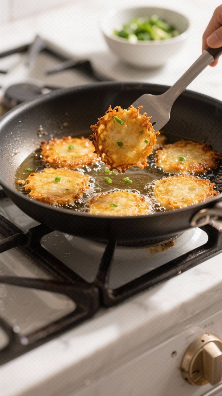 Cooking process: Latkes frying in a shallow layer of neutral oil in a large skillet, several thin pa