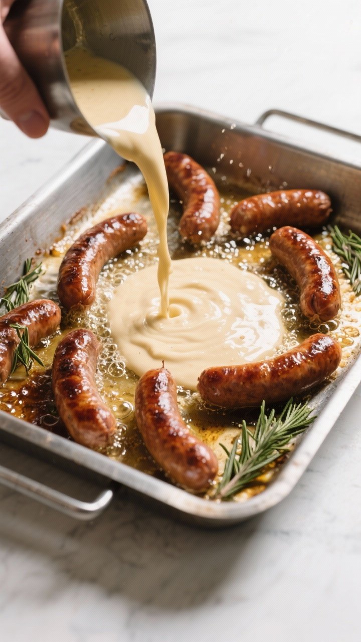 Cooking process: Overhead action shot of hot shimmering fat in a preheated metal roasting pan as smo