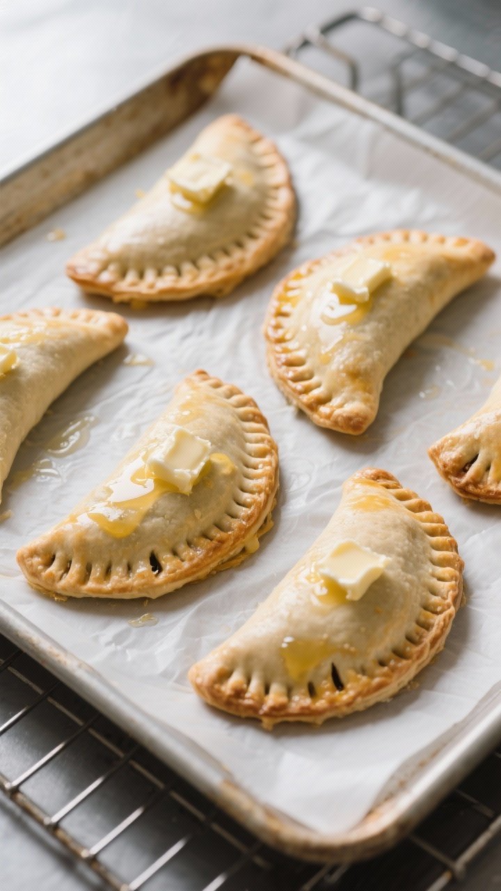 Cooking process: Overhead shot of assembled Cornish pasties on a parchment-lined sheet pan right bef