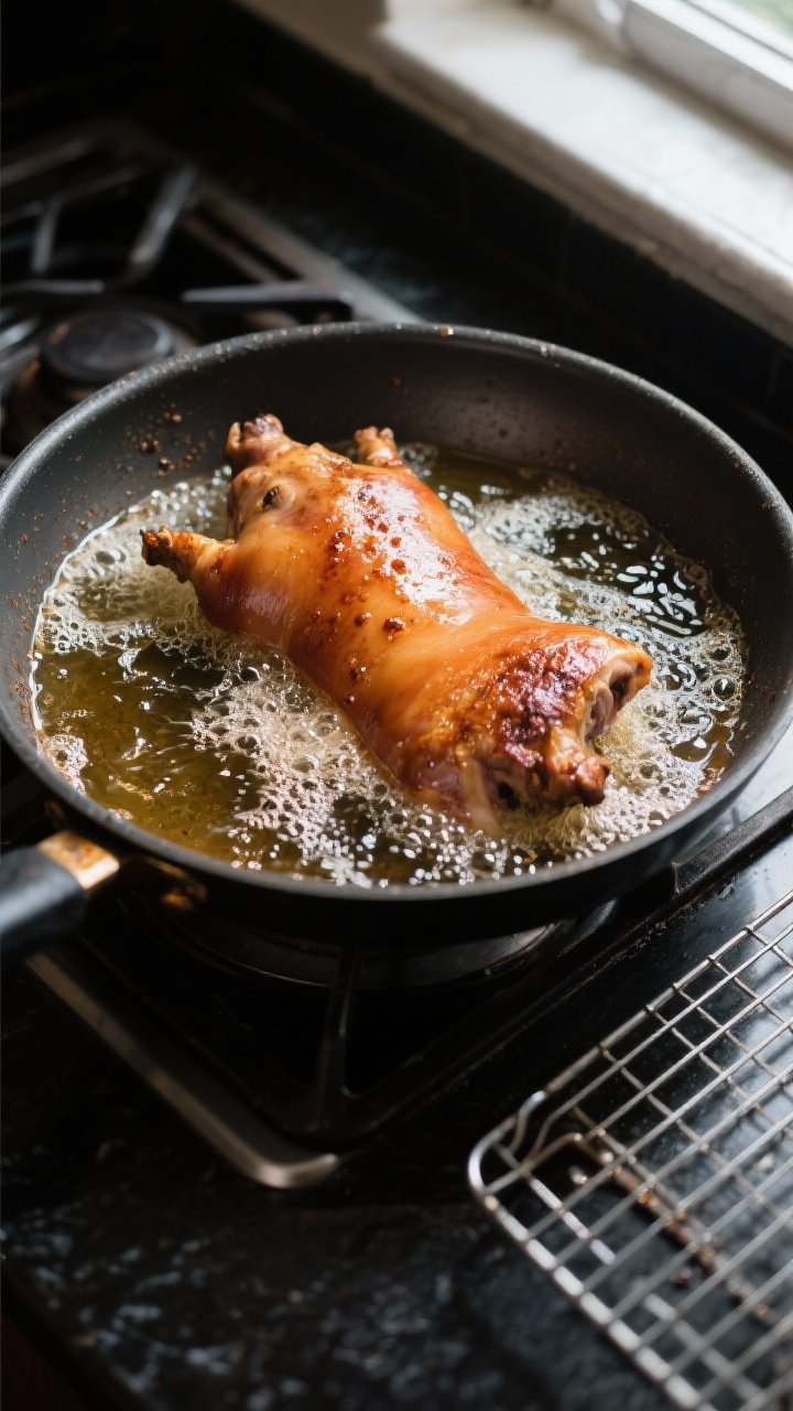 Cooking process: Overhead shot of lechon kawali during the first fry, skin side down in a heavy skil