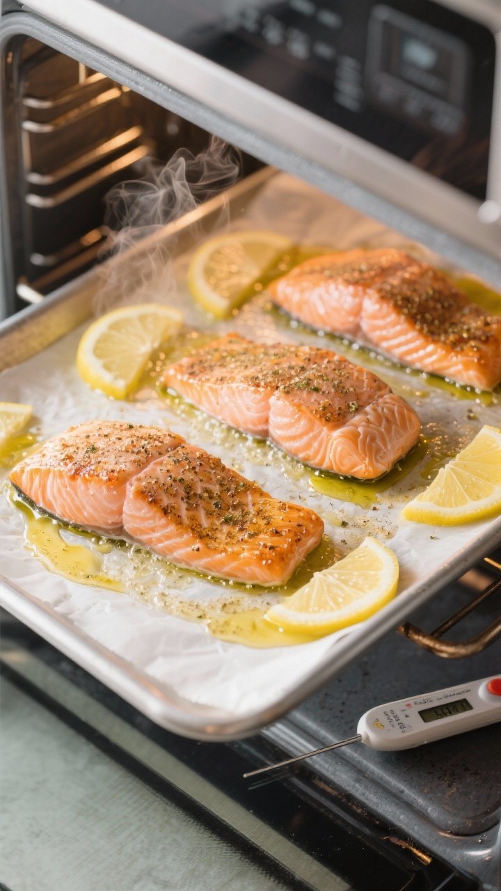 Cooking process: Overhead shot of seasoned salmon fillets on a parchment-lined baking sheet mid-bake
