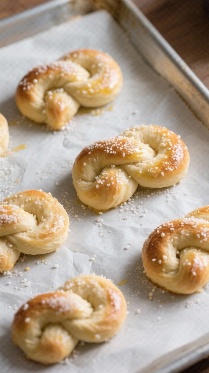 Cooking process: Overhead shot of shaped Swedish twist-style knots after the second rise on a parchm