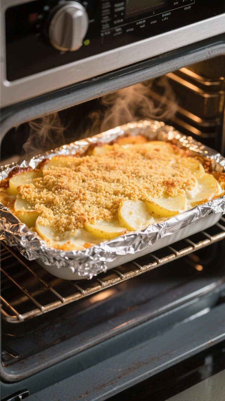 Cooking process: Overhead shot of the casserole mid-bake after foil removal, the top turning evenly