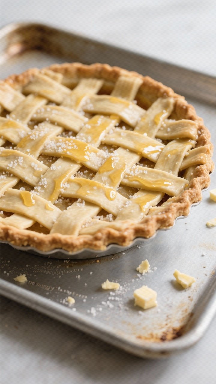 Cooking process: Overhead shot of the pie just before baking—woven lattice fully assembled, edges 