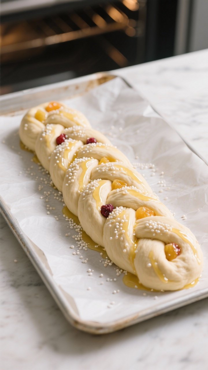 Cooking process: Overhead shot of the shaped julebread braid after the second rise, plump and puffy 