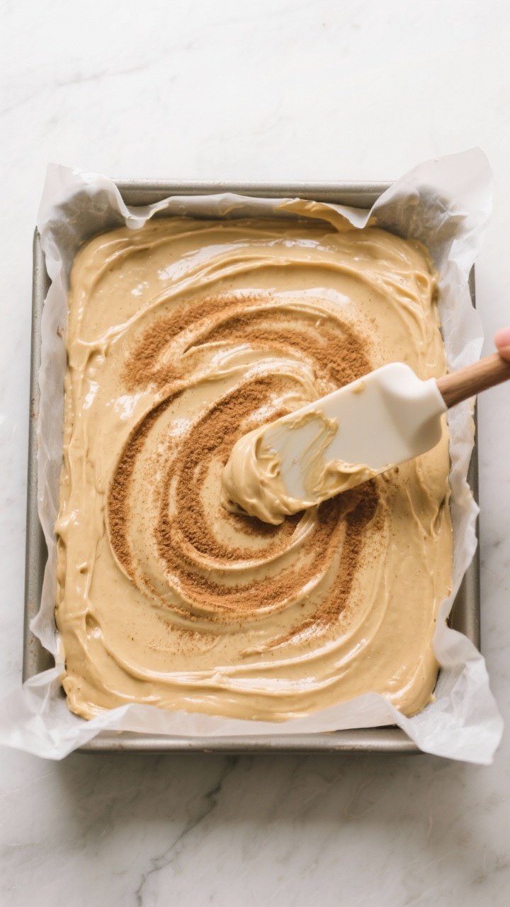 Cooking process: Overhead shot of the thick blondie batter being spread evenly into the parchment-li