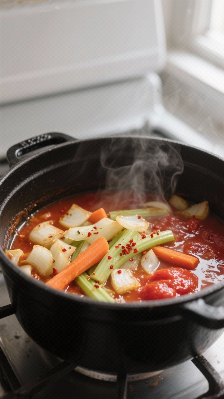Cooking process — sauté and simmer: Sautéed onion, carrots, and celery turning lightly golden in