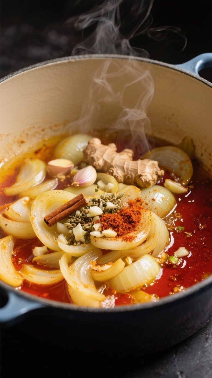 Cooking process — sautéing aromatics: A shallow, close-up shot inside a Dutch oven showing soften