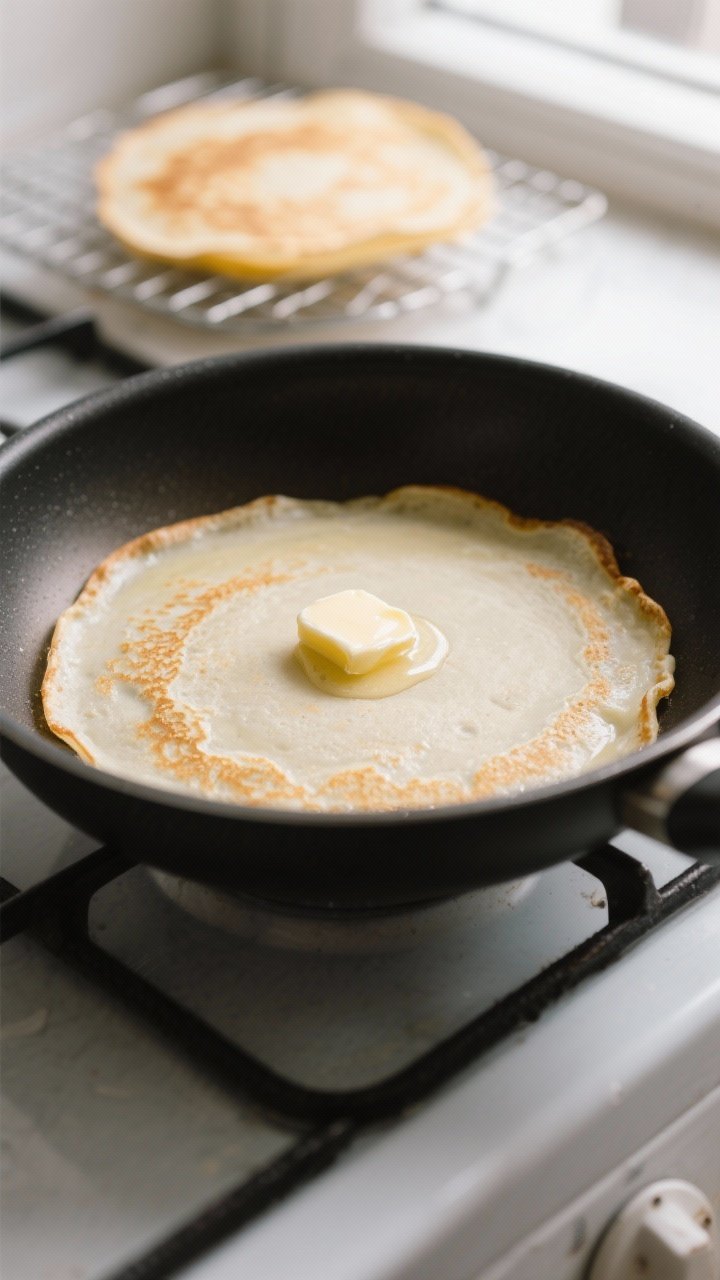 Cooking process — Swedish pancakes in the pan: A thin, delicate Swedish pancake cooking in an 8–