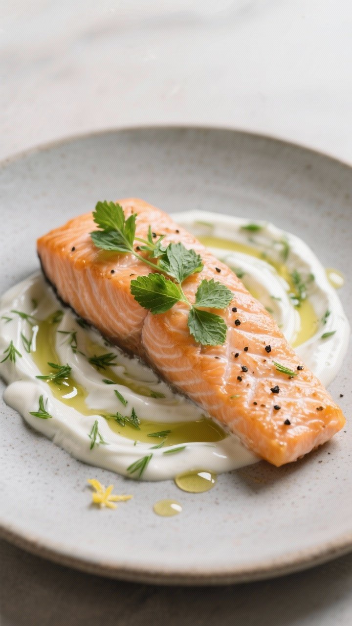 Final dish close-up: Restaurant-quality presentation of a single salmon fillet on a matte stoneware 