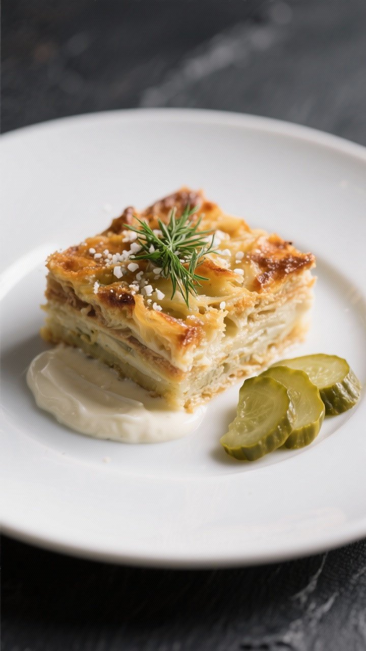 Final dish presentation: Beautifully plated square slice of Janssons Temptation on a matte white pla