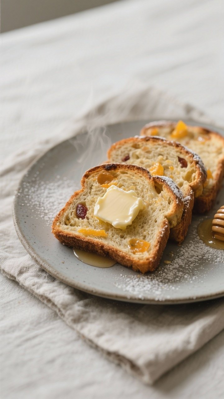 Final dish presentation: Cozy breakfast scene, three thick toasted slices of julebread on a matte st