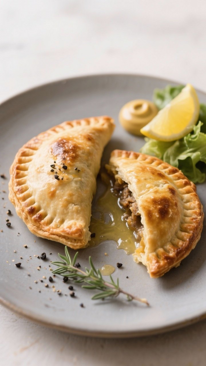 Final dish presentation: Restaurant-quality plate with two Cornish pasties—one whole and one cut o