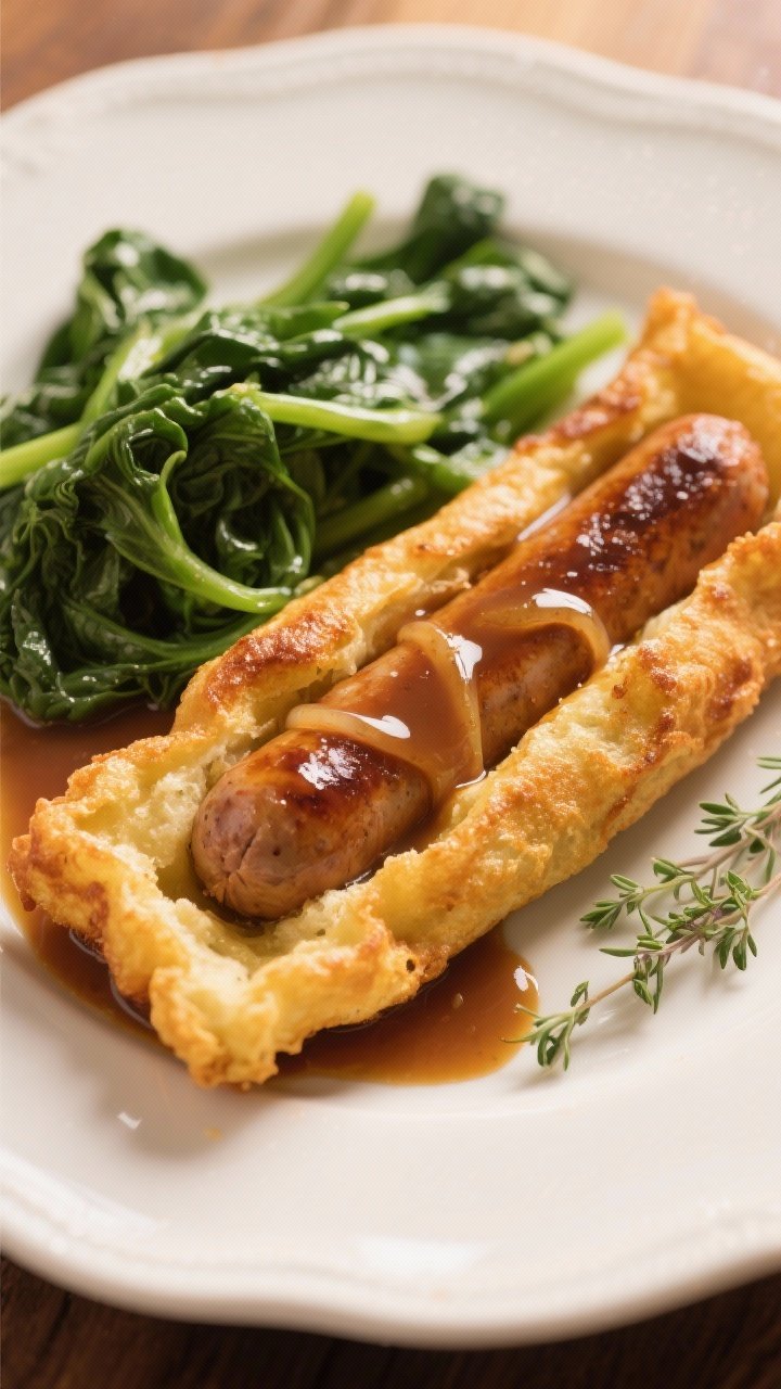 Final dish presentation: Restaurant-quality plated serving of Toad in the Hole on a warm white ceram