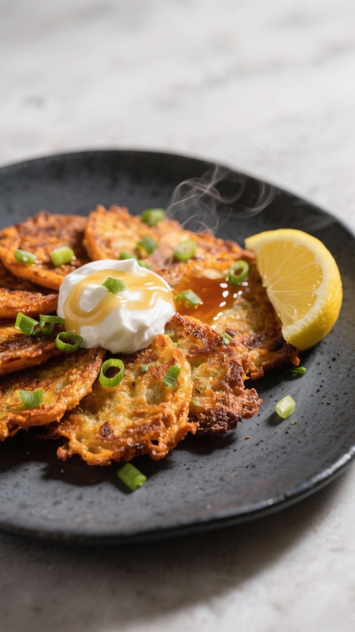 Final dish presentation: Restaurant-quality plated sweet potato latkes arranged in a fan on a dark c