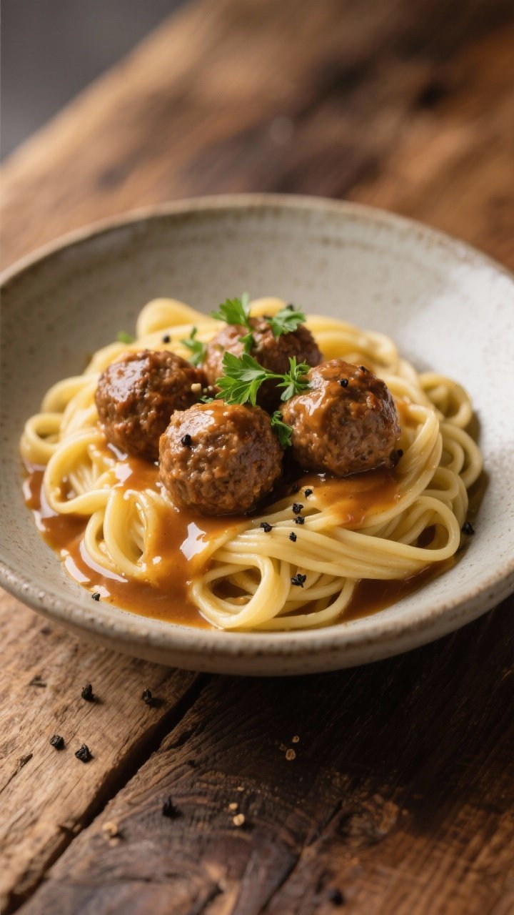 Final dish presentation: Restaurant-quality plating of Swedish meatballs over buttered egg noodles; 