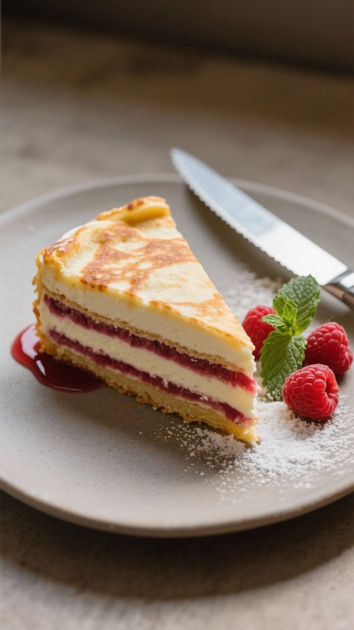 Final dish presentation — Sliced wedge on plate: A single wedge of Swedish pancake gateau plated o