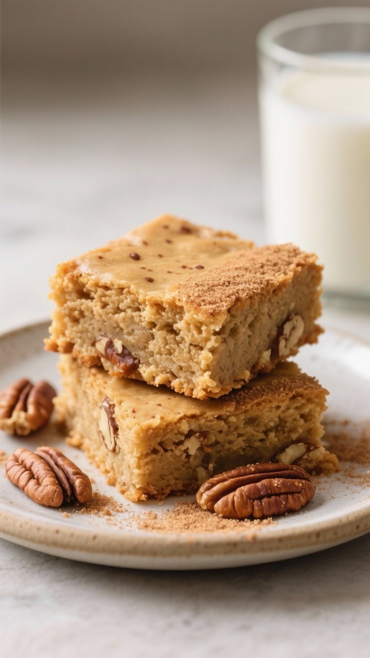 Final dish presentation: Two large blondie squares stacked on a small ceramic dessert plate, the top