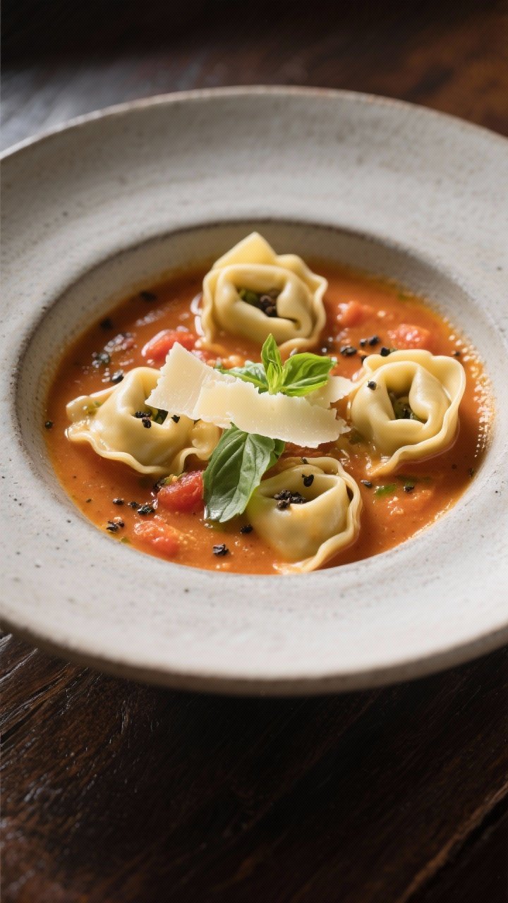 Final dish — restaurant-quality presentation: Beautifully plated tortellini soup in a matte stonew