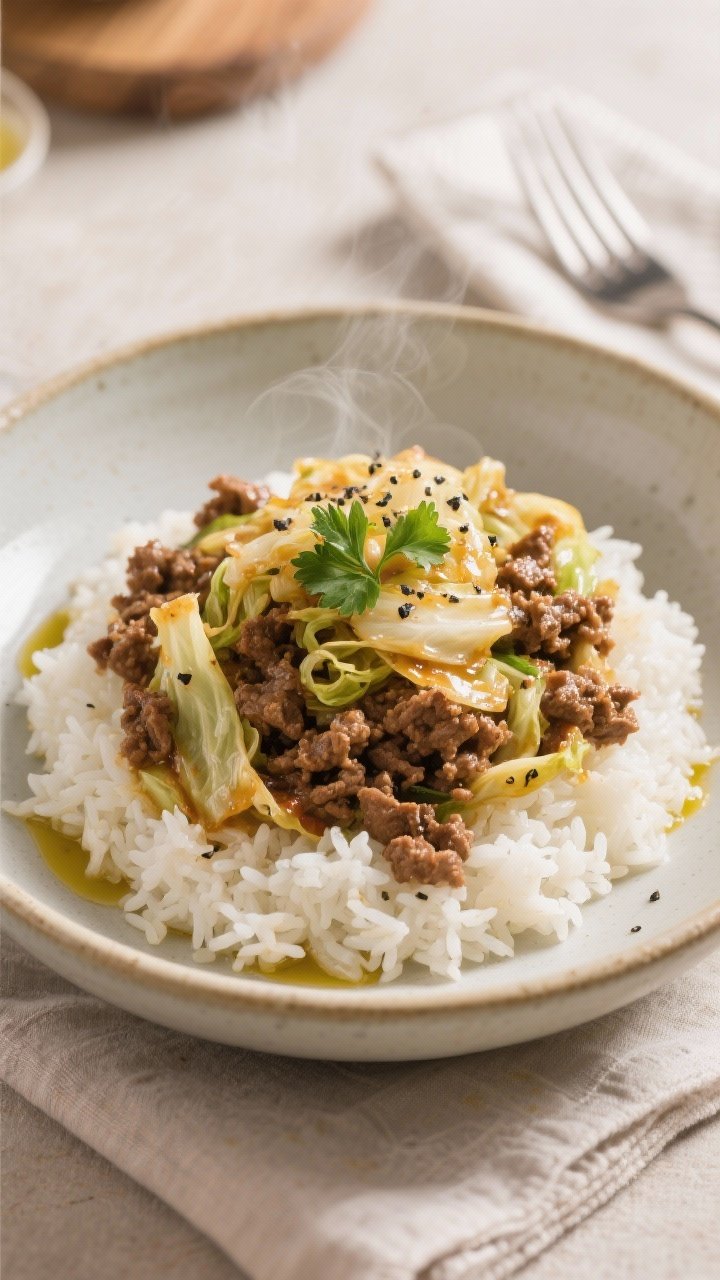 Final plated dish: Restaurant-quality presentation of the ground beef and cabbage spooned over fluff