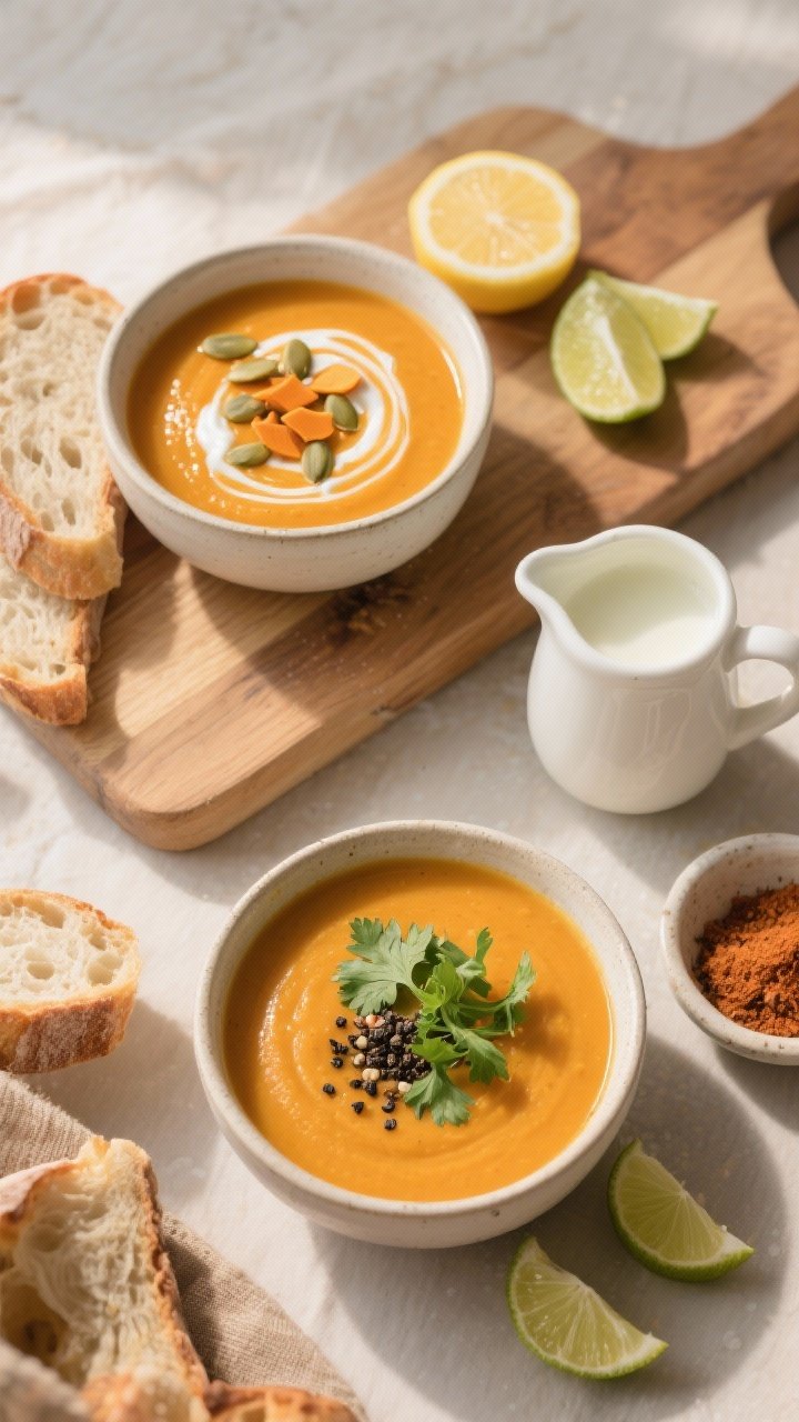 Tasty top view — cozy spread for serving: Overhead flat-lay of two bowls of the finished soup in v