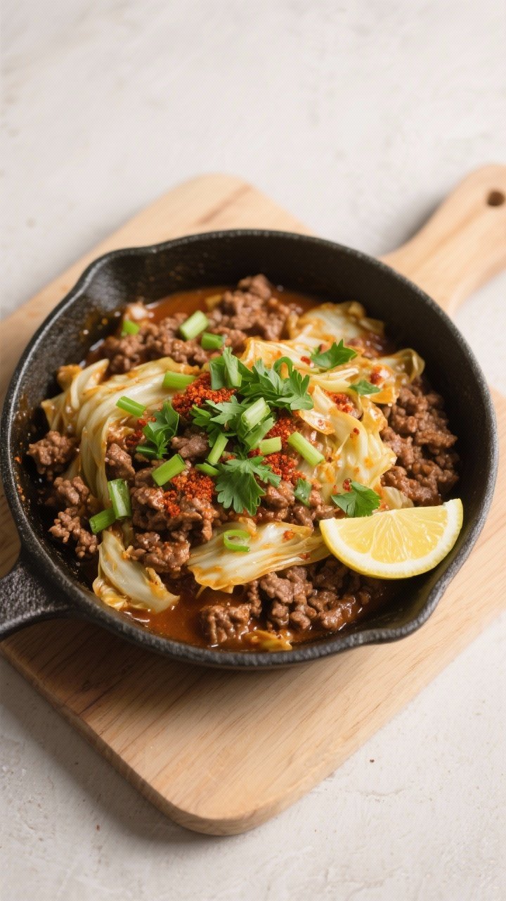 Tasty top view: Final one-pot ground beef and cabbage, overhead, saucy-not-soupy; emerald-green pars