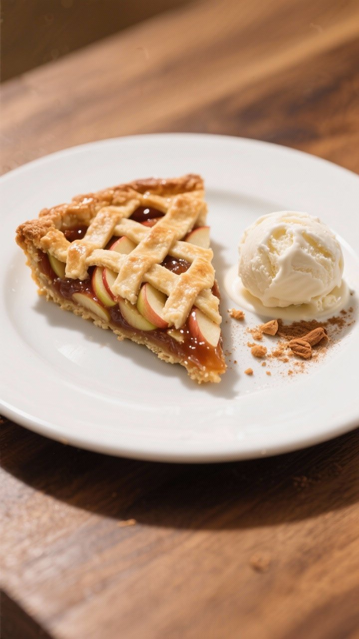 Tasty top view: Final sliced serving of lattice crust apple pie on a matte white plate, overhead com