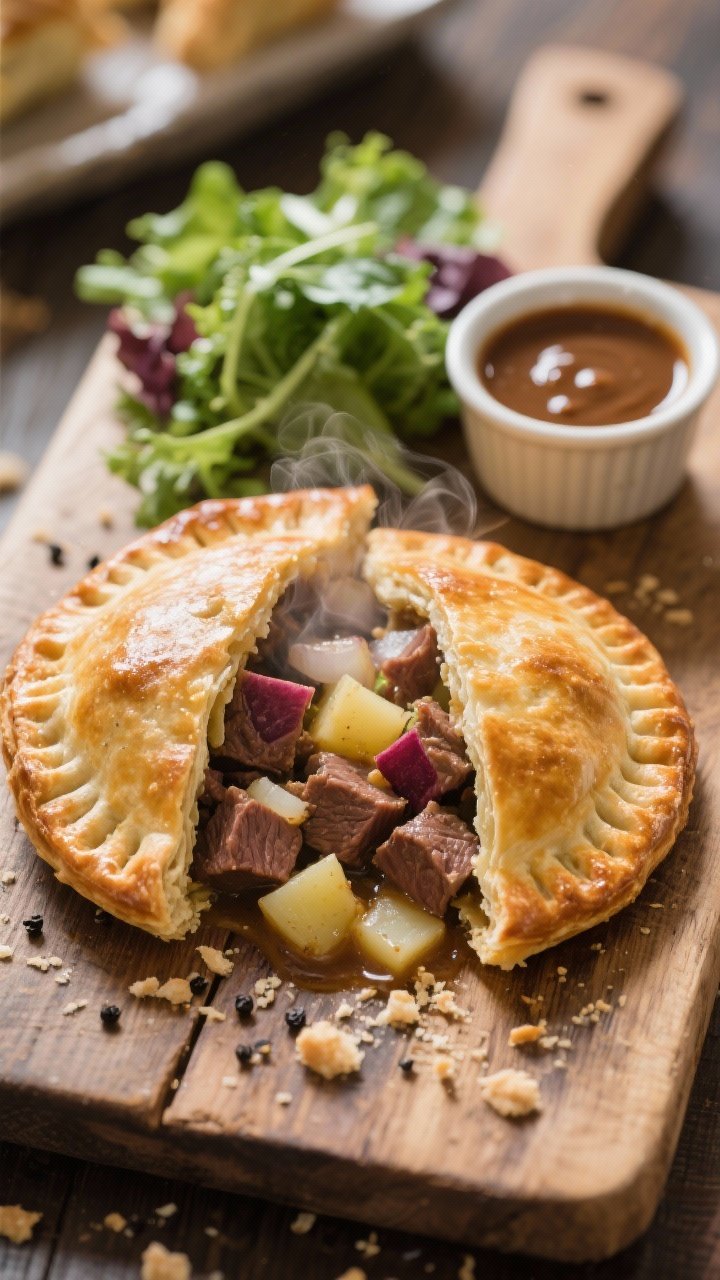 Tasty top view: Overhead of a split-open baked Cornish pasty on a rustic board, revealing the steami