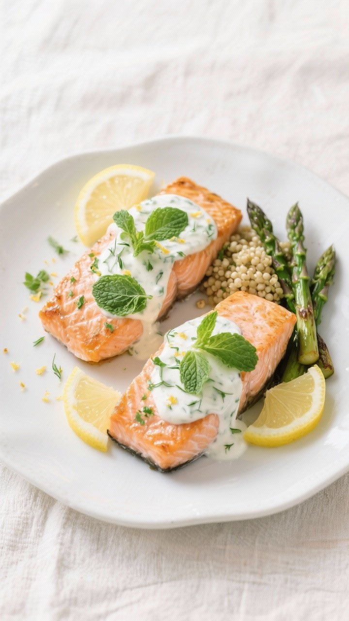 Tasty top view: Overhead plated final dish—two baked salmon fillets topped with a generous drizzle