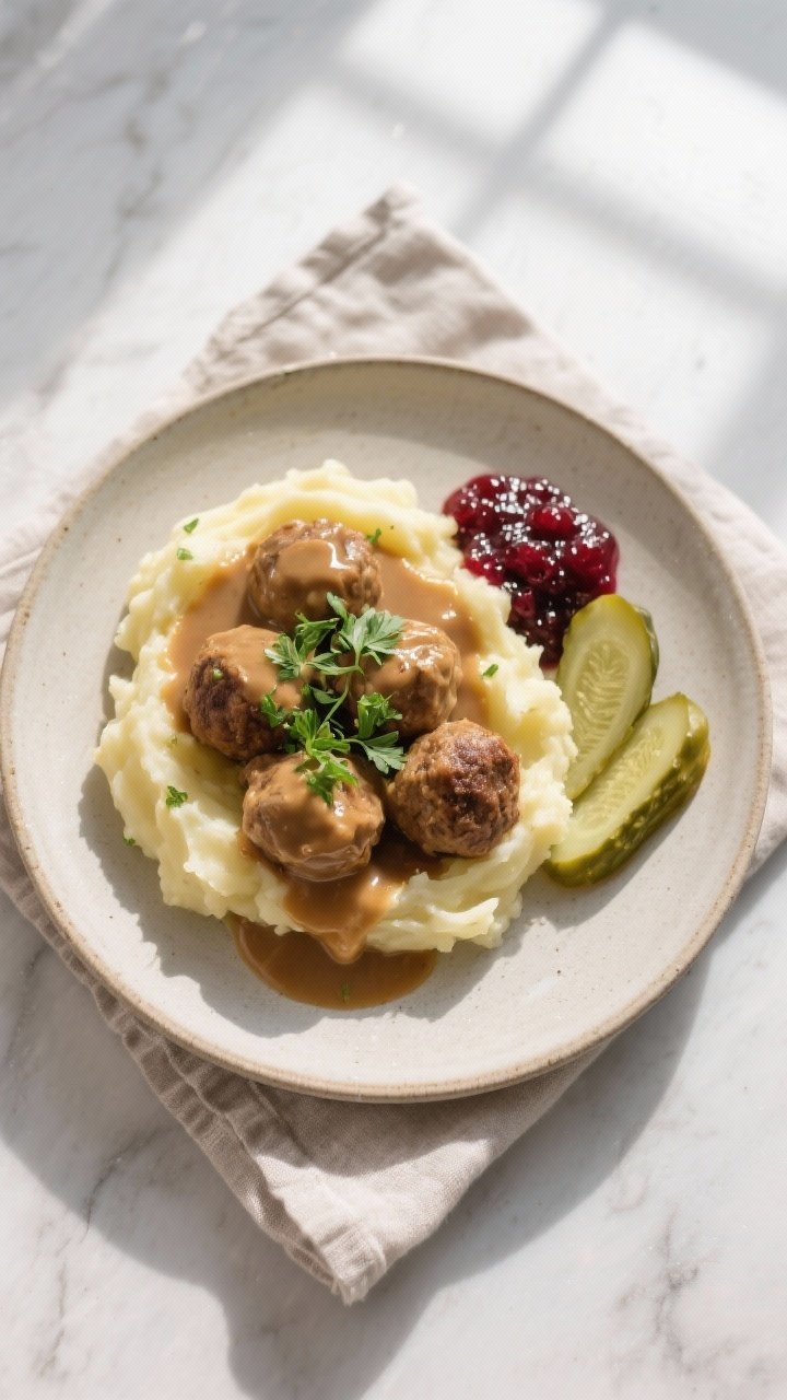 Tasty top view: Overhead shot of a cozy plate—Swedish meatballs nestled over buttery mashed potato