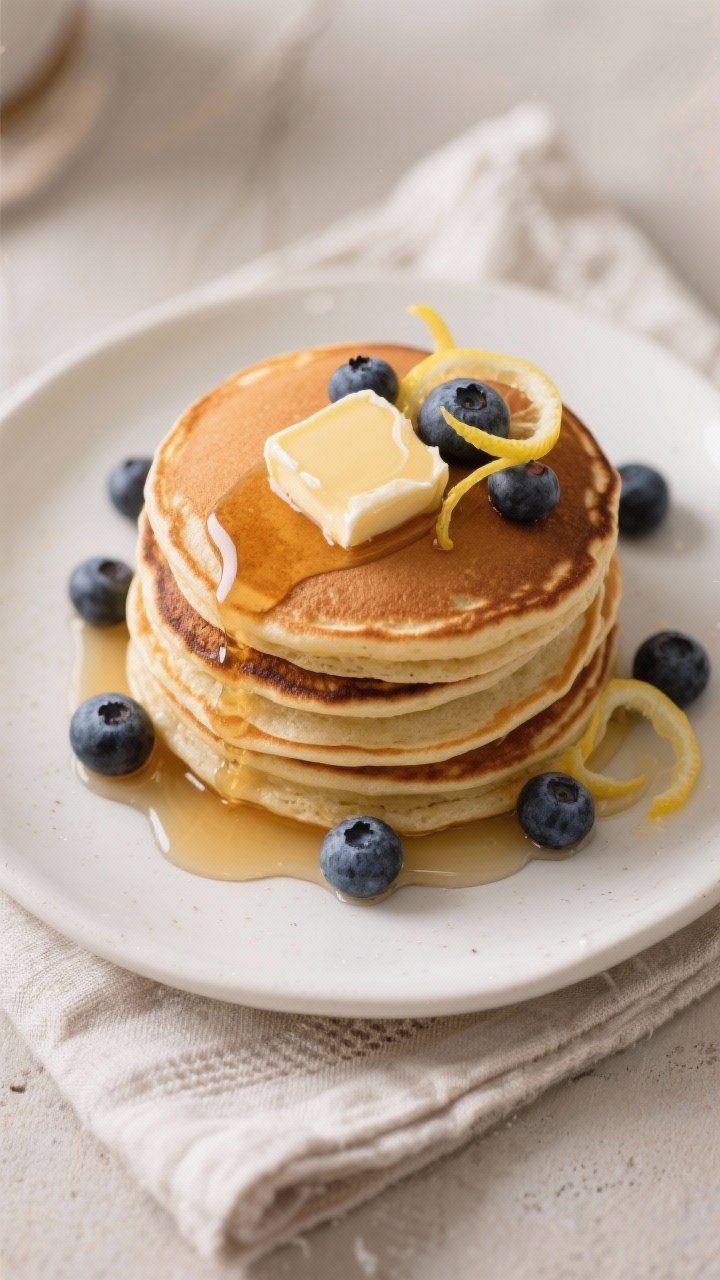Tasty top view: Overhead shot of a neatly stacked pile of pancakes on a white ceramic plate, small p