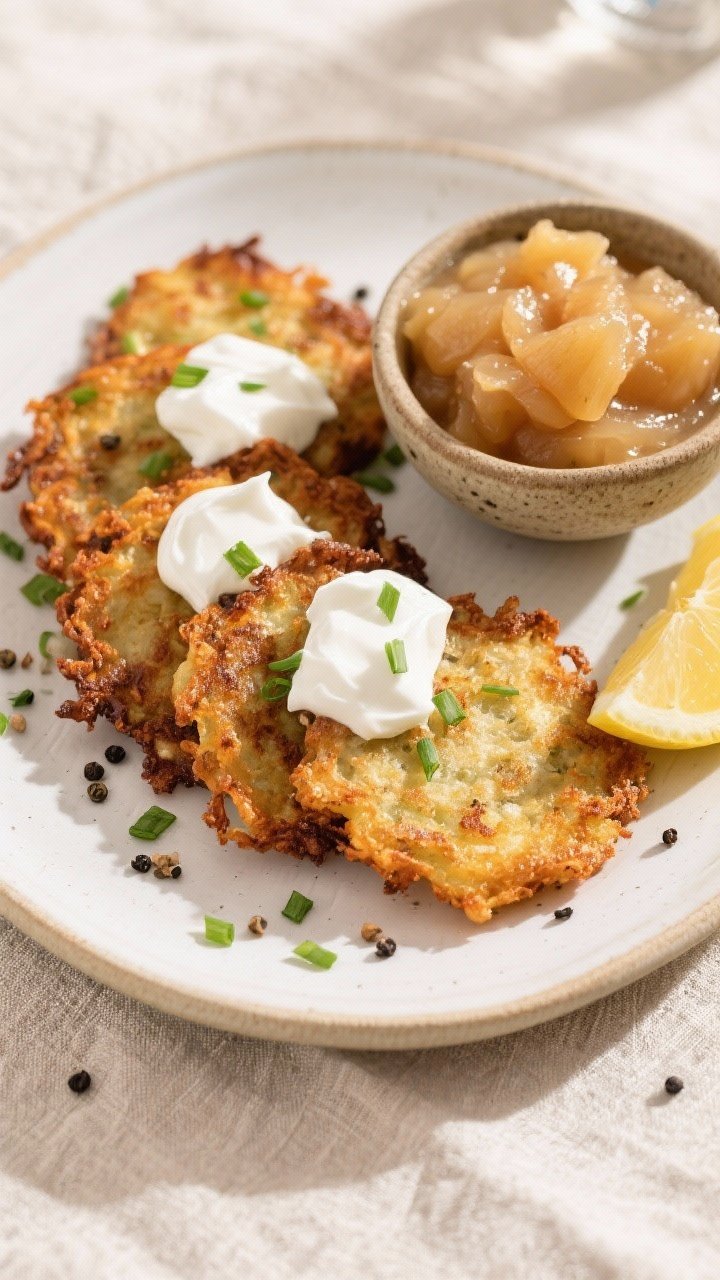 Tasty top view: Overhead shot of a platter of classic latkes served hot with generous dollops of coo