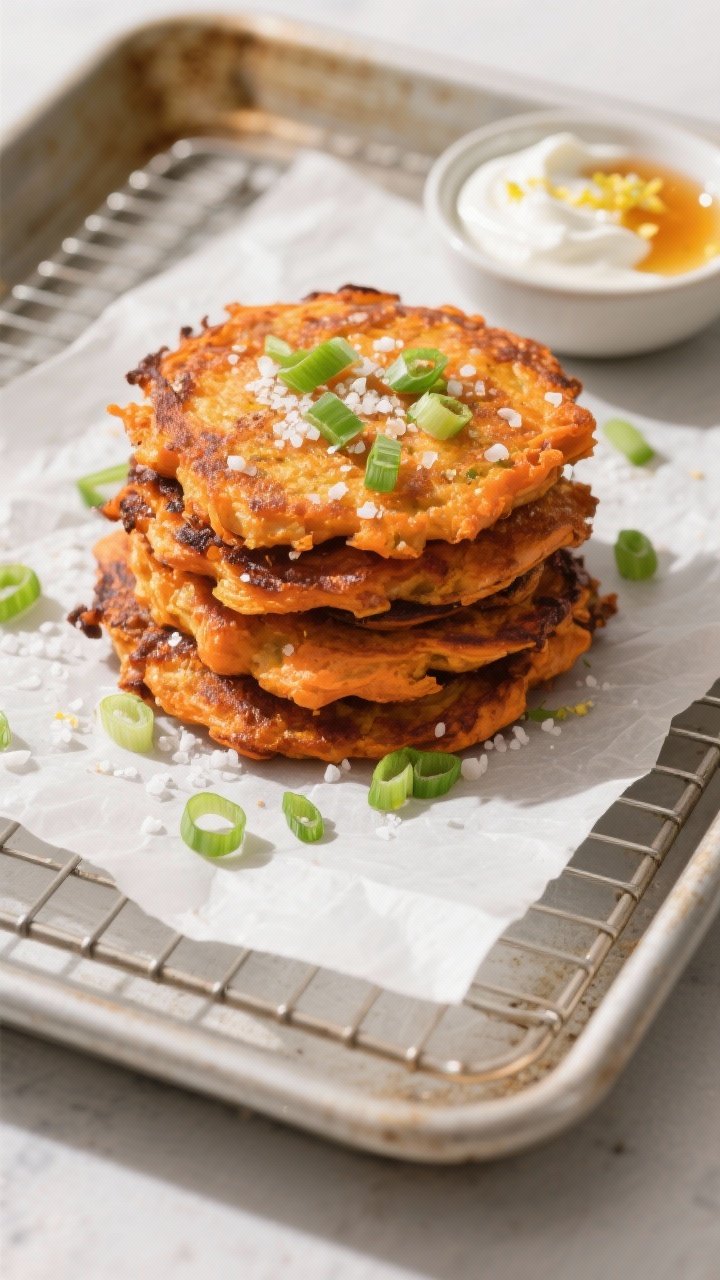 Tasty top view: Overhead shot of a warm stack of sweet potato latkes on a parchment-lined baking she